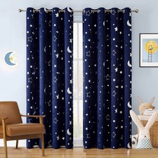 Navy Blue Star Blackout Curtains for Kids Room, Cute Space Themed Thermal Ins...