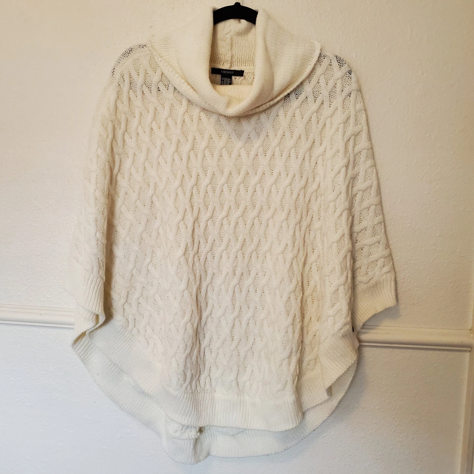Forever 21 Cream Cable Knit Cowl Neck Poncho Sweater One Size Off White Button