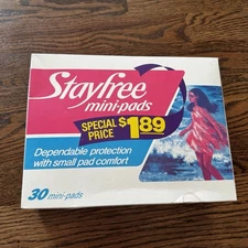 1970's Stayfree 30 Absorbent Mini Pads Sealed Box Vintage Feminine Hygiene Thick