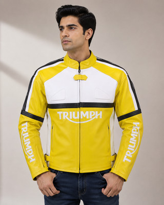 Yellow White Motorcycle Racing Genuine Leather Black Striped Handmade Jacket