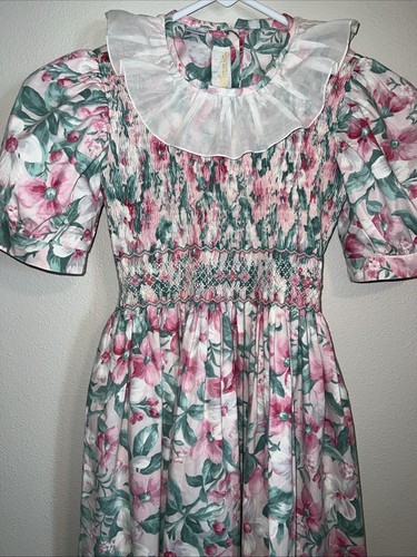 VTG 1990s Amarini Floral Smocked Pink Green Girls Party Dress ~ Size 8 - Picture 9 of 13