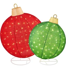 2pc Lighted Pop-Up Outdoor Christmas Ornament Set  Ball Decoration 38” & 30”