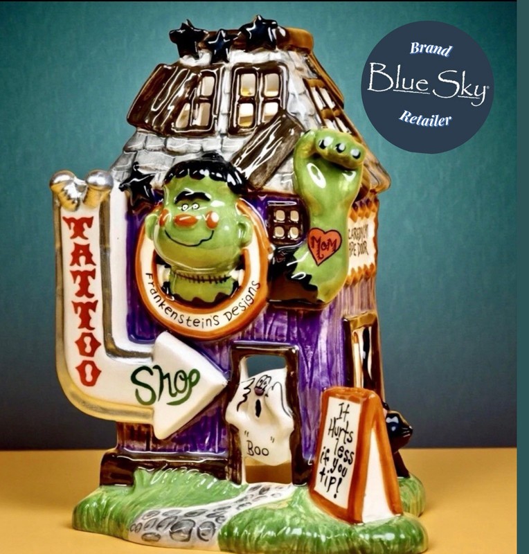 Blue Sky Clayworks Halloween Frankenstein’s TATTOO SHOP Candle House NEW