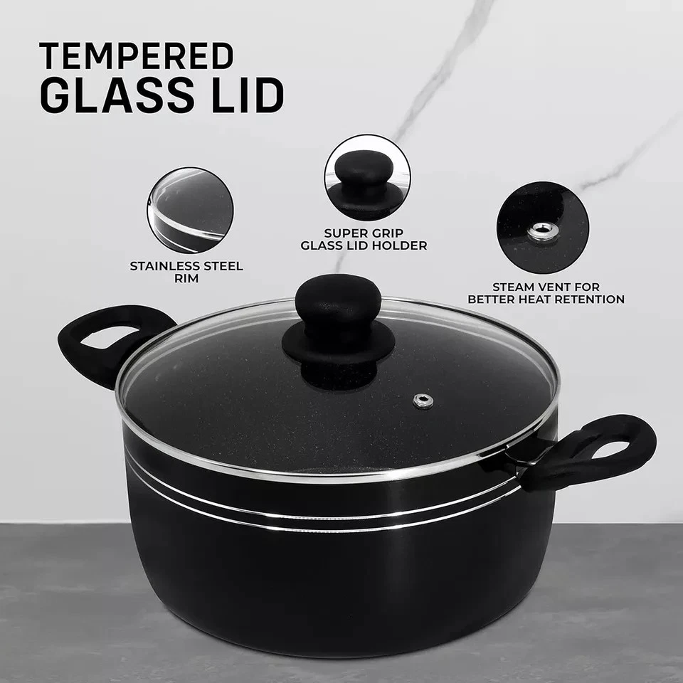 26cm Non Stick Casserole Pot Cooking Pan Stockpot Glass Lid Dish Serving Party!