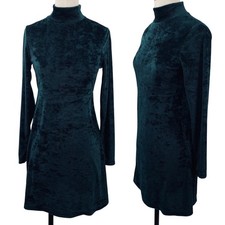 Vintage 90s All That Jazz Velvet Mini Dress Mockneck Long Sleeve Ribbed Teal S