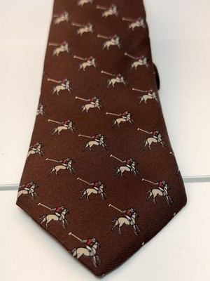 WoodMere Necktie Mens54x2.3/8 Brown Good Silk Blend Polo Player Equestrian Print