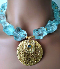 Quartz Nugget Aquamarine Blue Gold Beach Treasure Chunky Statement Necklace Set