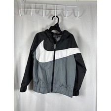 Nike Kids Black Grey White Oversized Swoosh Full Zip Hooded Windbreaker Jacket 6