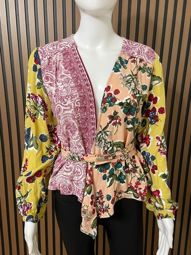 Anthropologie Meadow Rue Blusa Women's Top Blouse Wrap 2 Yellow Floral Patchwork - 第 1/9 張圖片