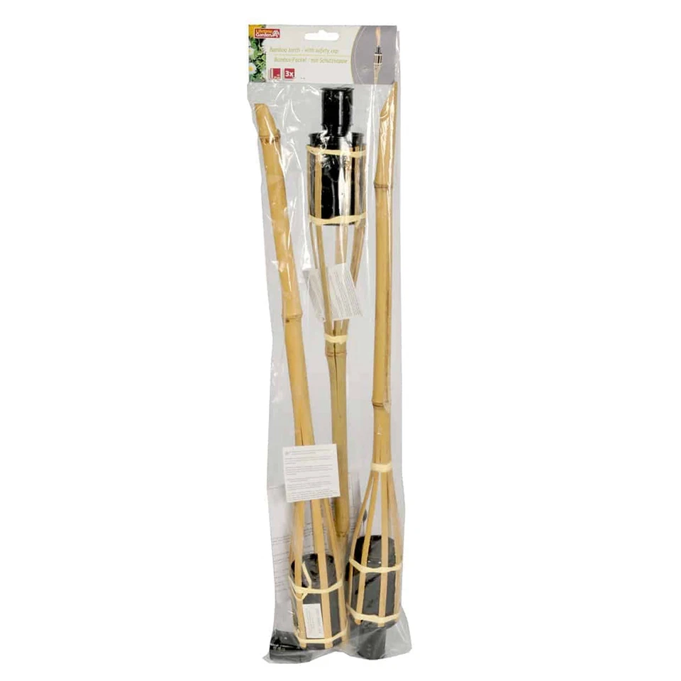 Bamboo Garden Torch Set 3PC Tiki Oil Paraffin Fire Torches Outdoor Lighting 60cm - Image 2 of 4