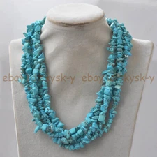 6 Rows Natural Blue Turquoise Irregular Gravel Chip Gems Beads Necklace 20 inch