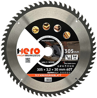 Kreissägeblatt 305 x 30/20 mm 60Z Profi HM Sägeblatt TCT Sägeblätter Holz HERO
