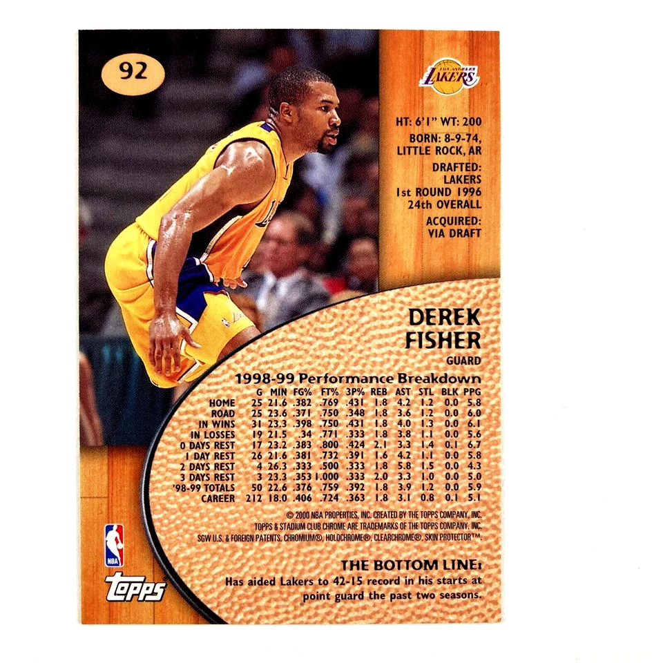 Derek Fisher 1999-00 Topps Stadium Club Chrome Card #92 NBA Los Angeles Lakers - Image 2 of 2