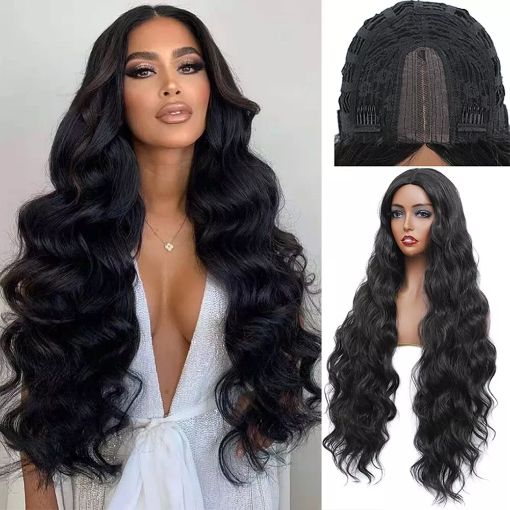 Women Natural Black Synthetic Long Soft Wavy Middle Part Lace Heat