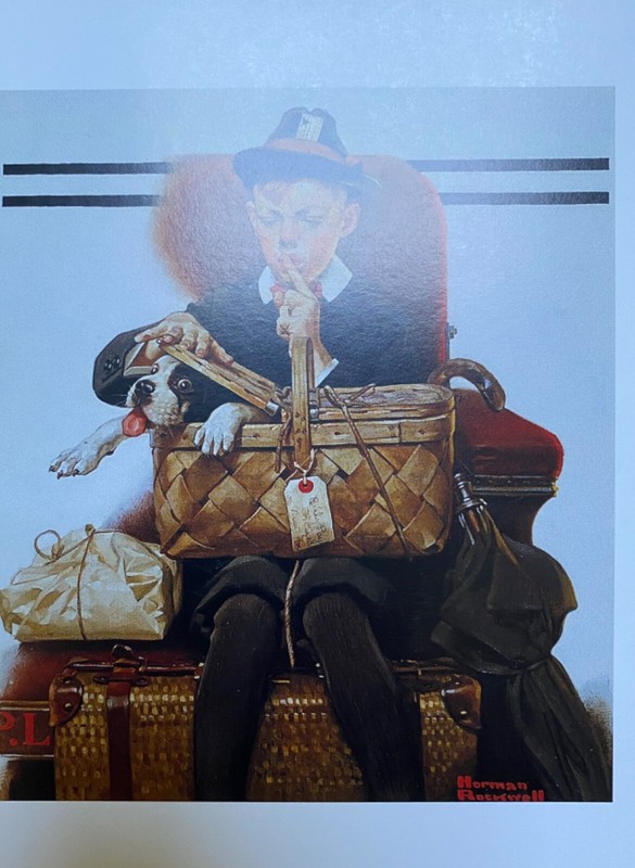YOUNG BOY hiding his  DOG - Norman Rockwell Postcard -  The Stowaway