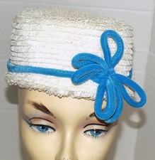 Vintage White High Pillbox Hat Fringed Blue Velvet Trim