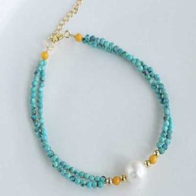 Turquoise bead bracelet pearl 18K button Office Wear Gift Cuff Stackable