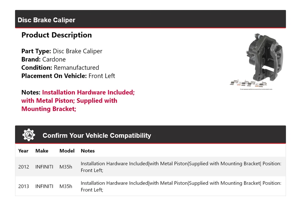 Pinza de freno de disco delantera izquierda Cardone para Infiniti M35h 2012-2013 Foto 2 de 4