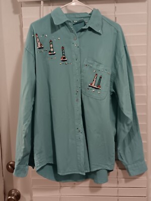 Las Olas Light Blue With Lighthouse Embroidery Long Sleeve Blouse Large Vintage