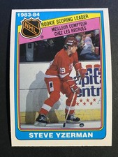 1984-85 OPC Steve Yzerman Detroit Red Wings Rookie Scoring Leader Card #385 (b). rookie card picture