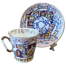 1980s Lomonosov Imperial “Winter Day” Russian Teacup & Saucer Vorobyev Gold Gilt