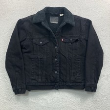 Levi's Premium Ex-Boyfriend Trucker Jacket Women XS Black Sherpa Lined Denim
