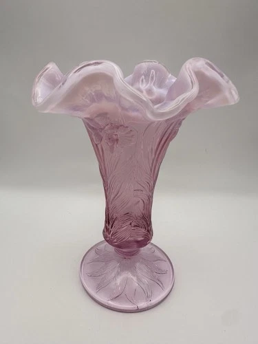 FENTON Art Glass Empress Rose Opalescent "Daffodil" Ruffled Footed Vase