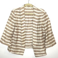 LOFT Ann Taylor Tan Striped Linen Shawl Collar Open Front 3/4 Sleeve Blazer 14