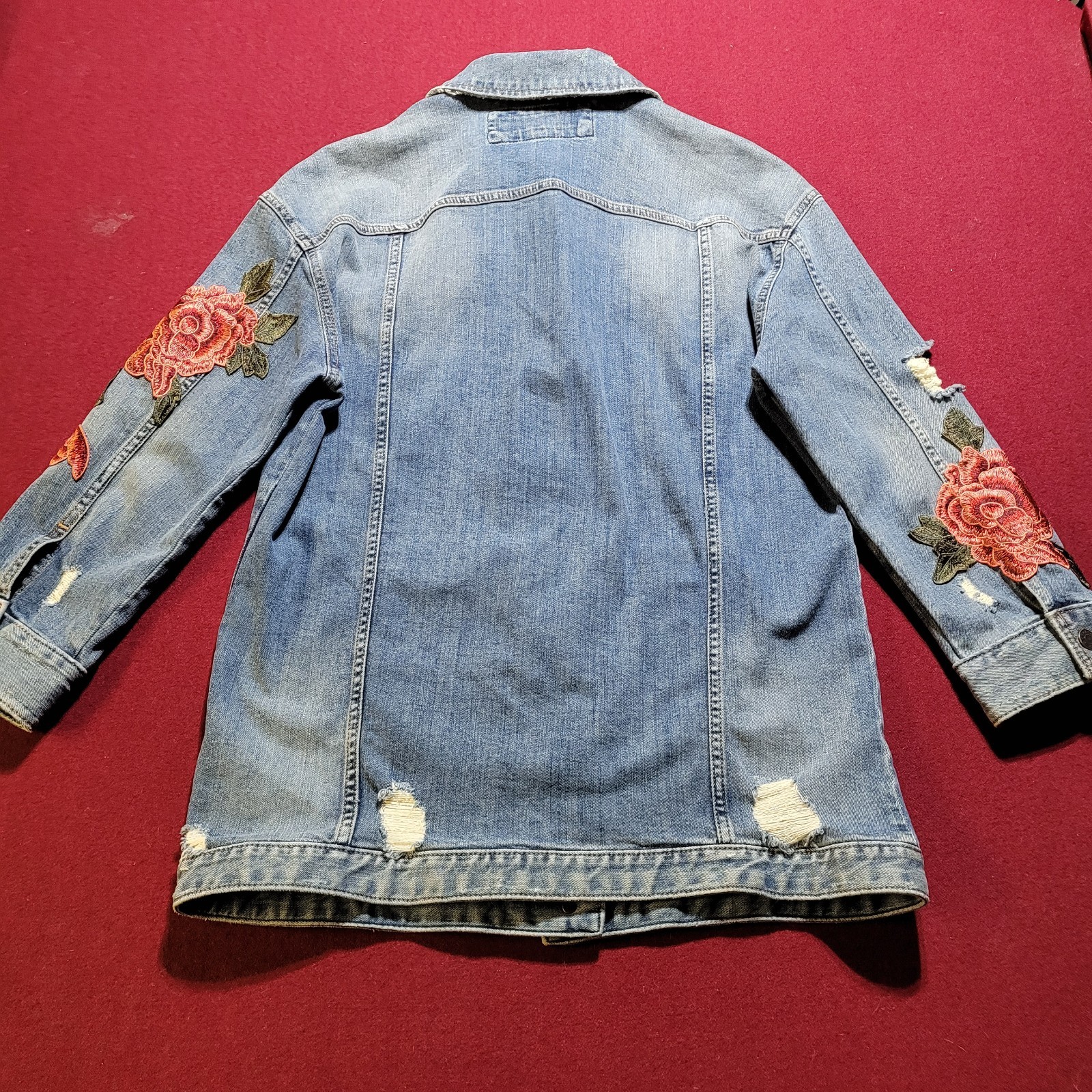 Express Jeans Button Denim Jacket Red Floral Embr… - image 2