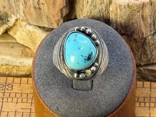 Vintage BKM Signed Native Navajo Sterling Silver Turquoise Ring sz 9.75--723.26