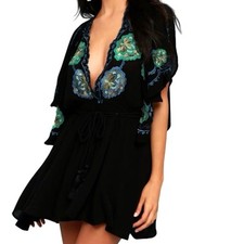 Free People Cora Black Embroidered Mini Dress Flutter Sleeve VNeck Boho XS beach