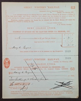 1898 Great Western Railway Rent Charge Stock Dividend Warrant