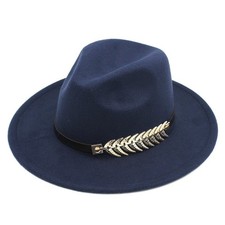 Navy Blue Fedora Hat, Gold Leaf Band, Stylish Unisex Felt Panama Jazz Cap
