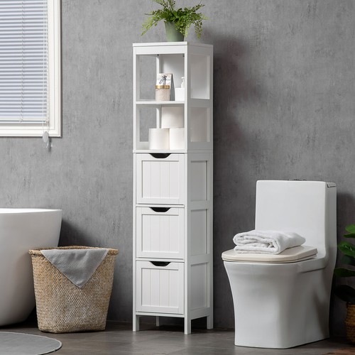 Tall Bathroom Storage Cabinet, Freestanding Linen Tower with 3 Drawers, White - Picture 9 of 11