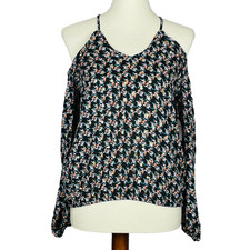 NWT Scoop Cold Shoulder Cross Over Crop Top Sz XS Peasant Sheer Floral Metallic