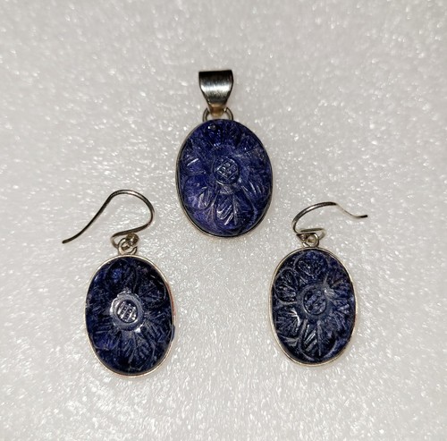 Samuel Benham BJC Carved Natural Blue Sapphire Sterling Jewelry Set Signed RARE - Picture 2 of 9