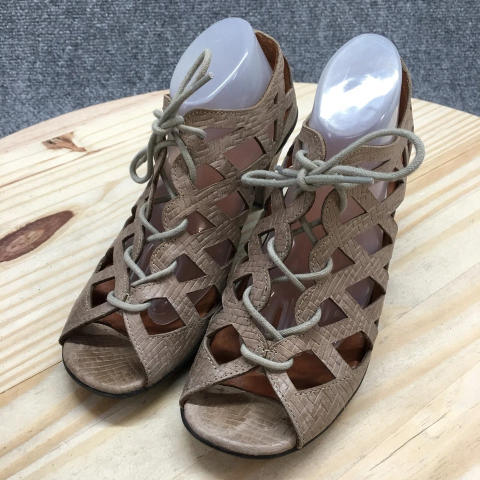 Zapatos de tacón Gentle Souls para mujer 6,5 M Okey Dokey Peep Toe Gladiador de cuero marrón Foto 3 de 4