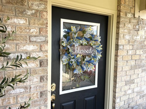 25" Blessed Lemons Blue Floral Spring Summer Deco Mesh Wreath Farmhouse Cottage - Picture 6 of 6
