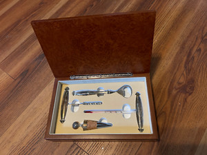 4 Piece Wine Bottle Opener Set Wood Box Silver Plated Corkscrew Thermostat
