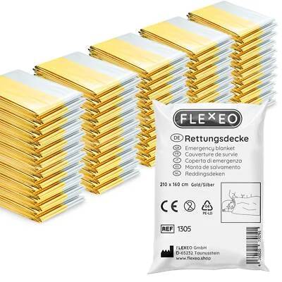 FLEXEO Rettungsdecke Rettungsfolie Notfalldecke Erste Hilfe Decke 50 Stück