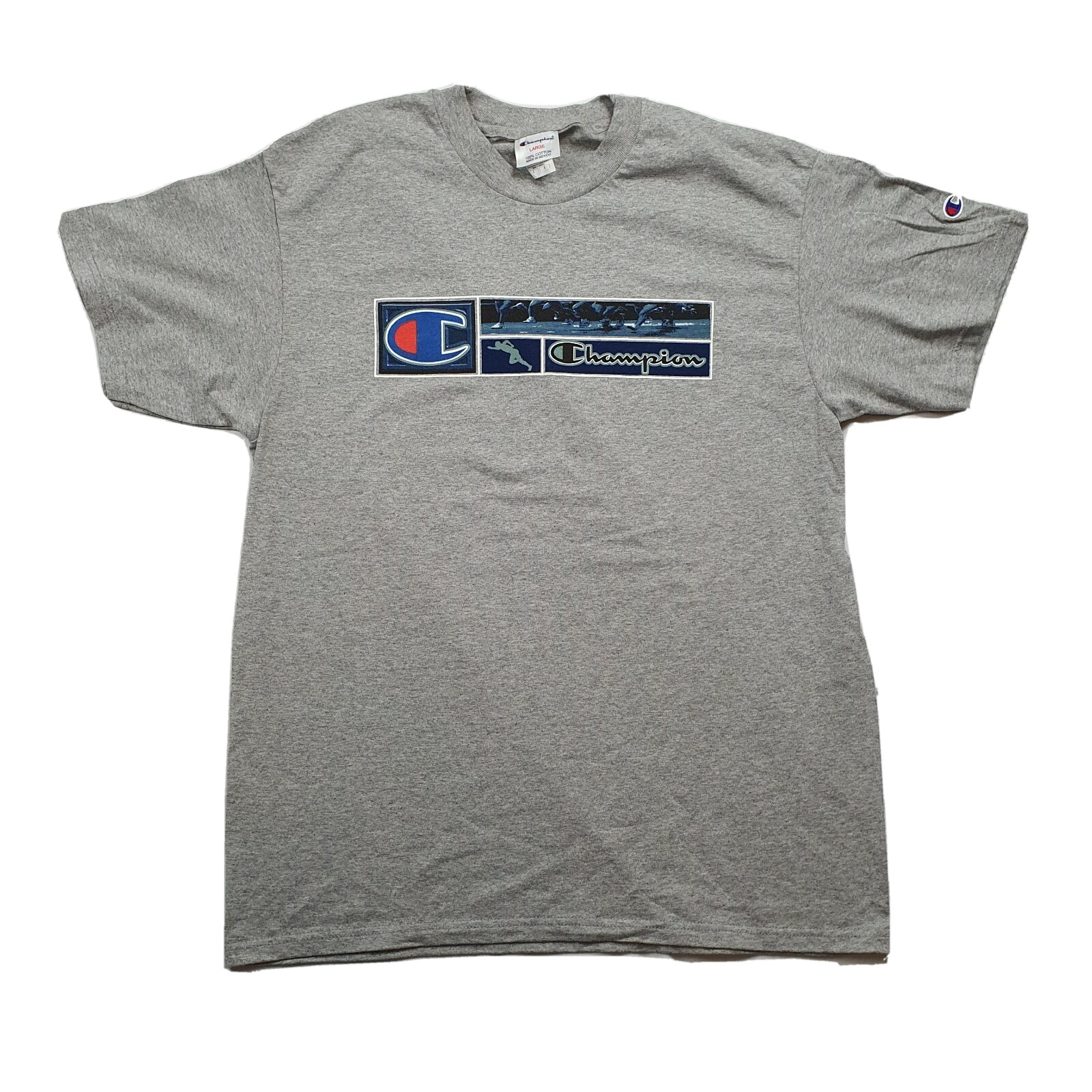 Vintage 90s Champion T-Shirt Heather Gray Size Large Running Man Spellout