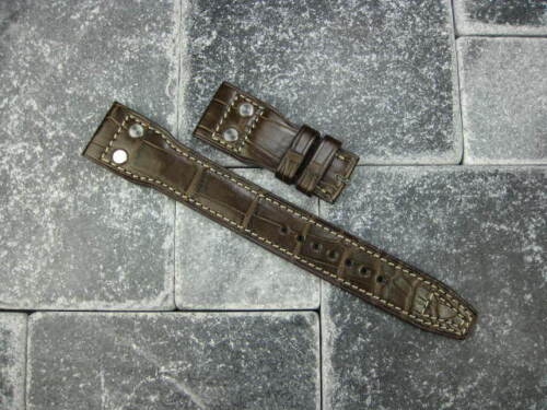 22mm Original Alligator Skin Leder Nieten Armband Braunes Band IWC BIG PILOT - Photo 1/8