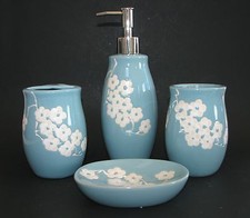 4 PC BLUE WHITE FLOWER CERAMIC SOAP DISPENSER DISH TOOTHBRUSH HOLDER TUMBLER-NEW