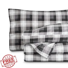 Bare Home Twin Flannel Sheet Set, Oliver Plaid Grey, Double Brushed