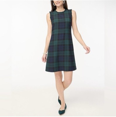 J. Crew Womens Black Watch Plaid Ruffle Neck Suiting Dress Sz 10 Preppy Academia