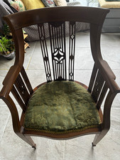 Edwardian wooden Armchair with inlaiddetail Green Upholstered Padded Seat