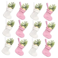  12Pack Mini Christmas Stockings Knitted Xmas Stocking Small Pink and White