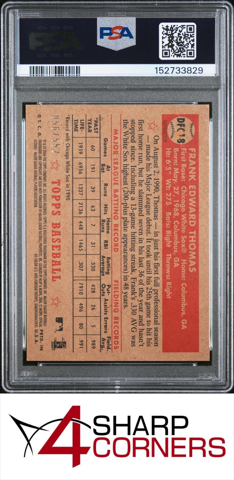 2006 TOPPS '52 DEBUT FLASHBACKS REFRACTOR #DFC18 FRANK THOMAS #/552 POP 3 PSA 10 view 2