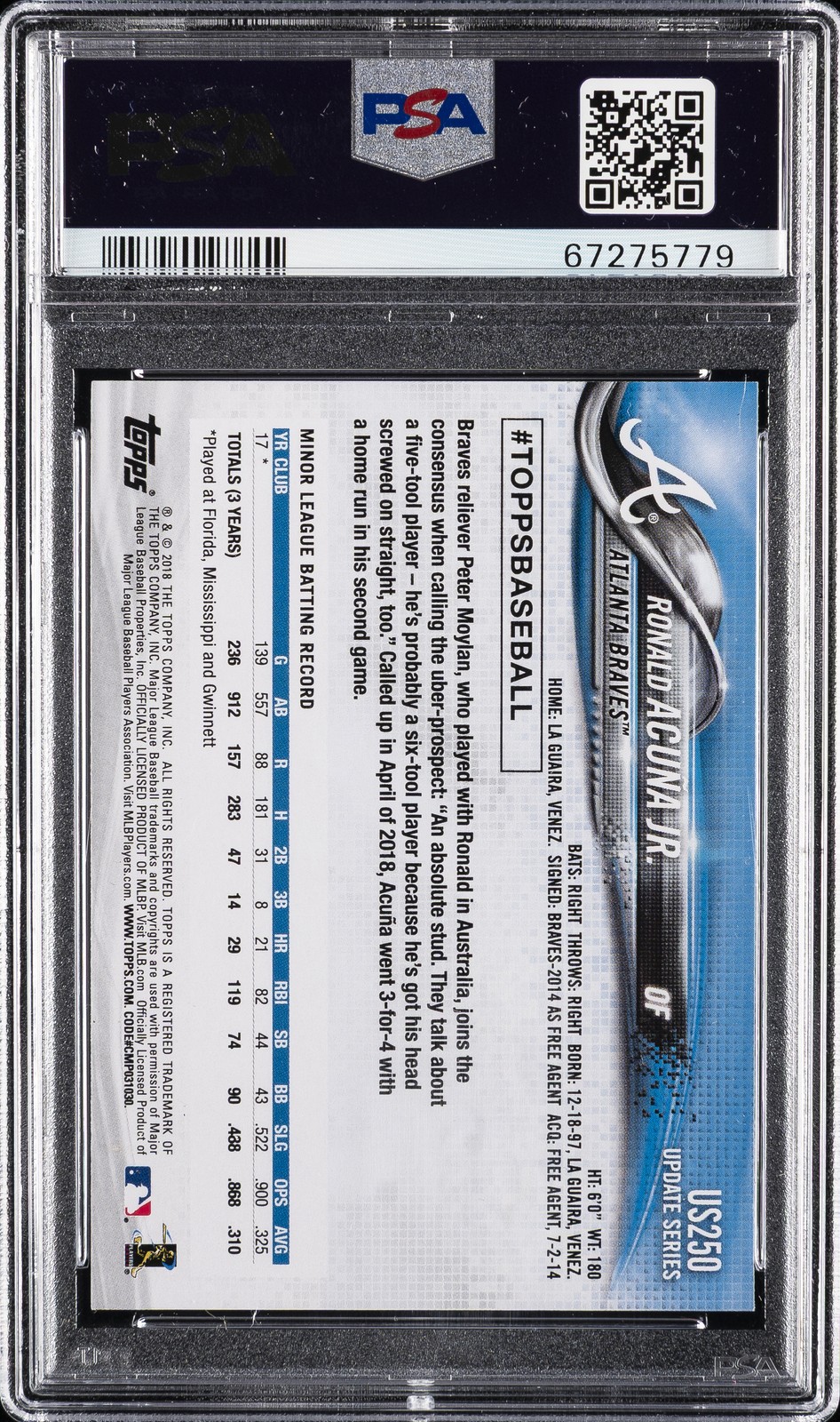 2018 TOPPS UPDATE SP #US250 RONALD ACUNA JR. ROOKIE RC PSA 10 view 2