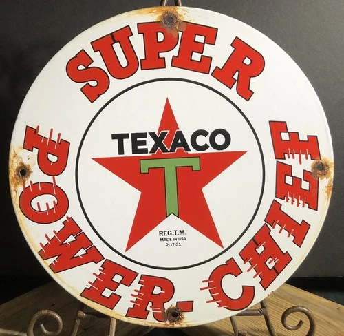 VINTAGE 1931 DATED TEXACO SUPER POWER CHIEF GASOLINE GAS OIL PORCELAIN SIGN